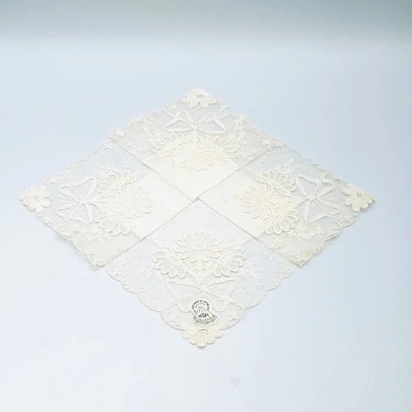 Desco Handkerchief 12x12 Vintage Cream Floral Lace Linen Cotton Austria