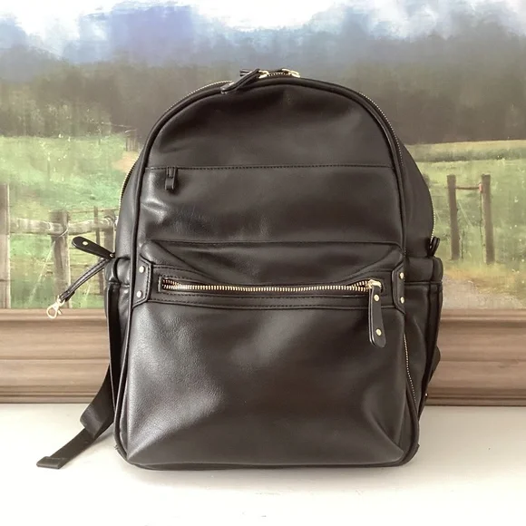 miss fong Diaper Bag Backpack Black Soft Faux Leather Unisex 16 Pockets Modern