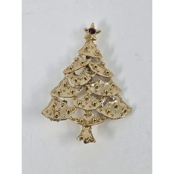 Vintage Gold Tone Christmas Tree Brooch Red Rhinestone Star Holiday Pin 2.5
