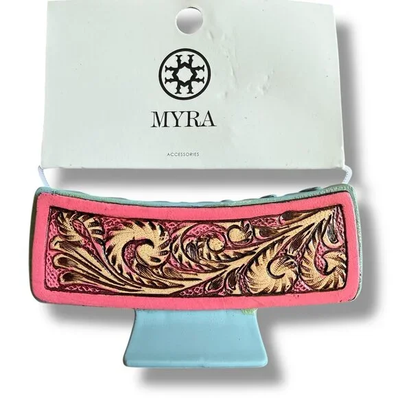 Myra Hair Comb Clip Hand-tooled Leather Gray Blue and Pink 