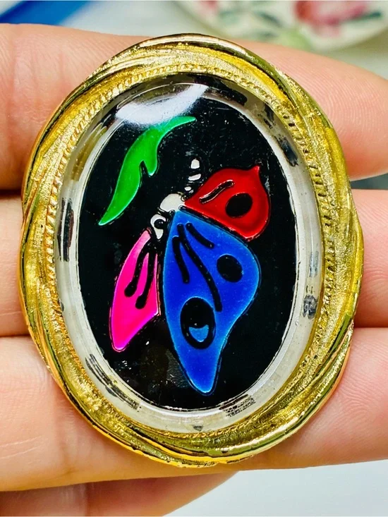 Colorful Butterfly Pendant Brooch in Gold-Tone Frame Unusual Eclectic EUC