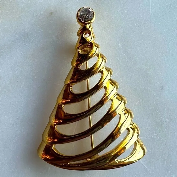 Vintage Danecraft Gold‎ Christmas Tree Pin withClear Rhinestone Star Tree Topper