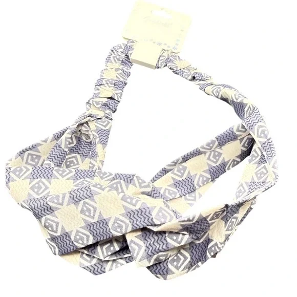 Blue White Geometric Print Twisted Knot Elastic Back Headband Accessory