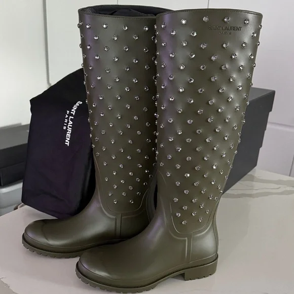 SAINT LAURENT Olive Rubber Crystal Rain Boots EUR 37 US 7