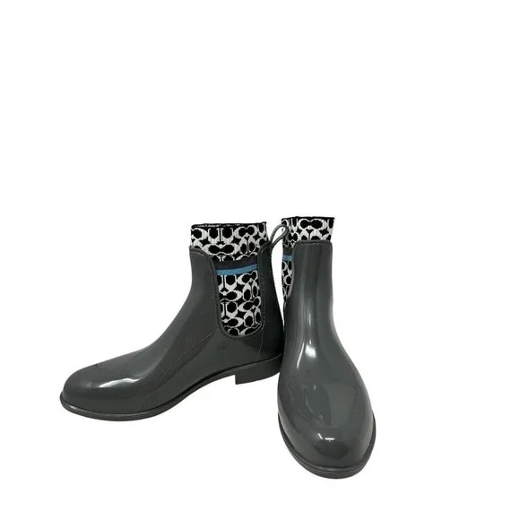 Coach Rivington‎ Rainboots - Gray Rubber w/ Blk and white logo sock - Size 7