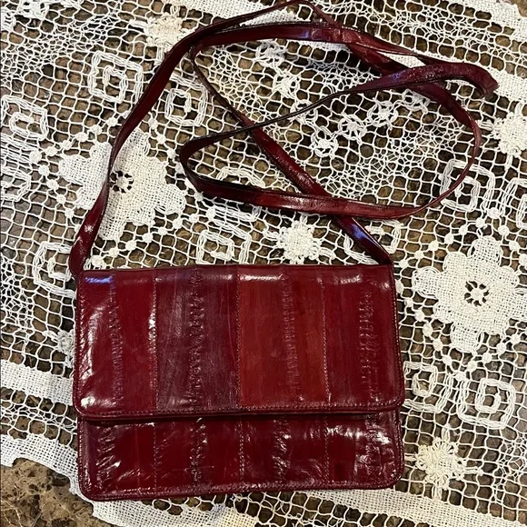 VTG Genuine Eel Skin SM Bordeaux Purse Convertible Crossbody Clutch Shoulder Bag