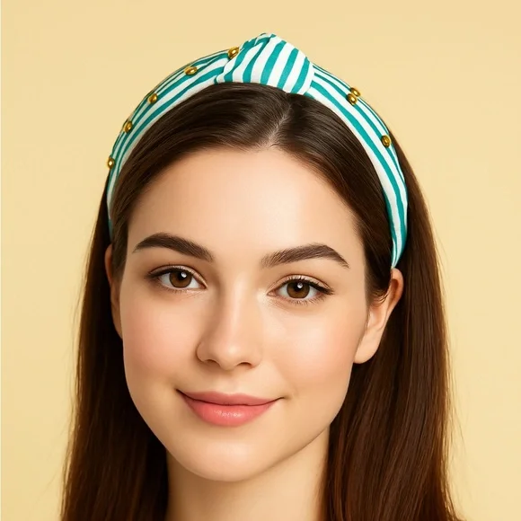 NEW Piper K Striped Knotted Headband with Goldtone, Green and Clear Rhinestones