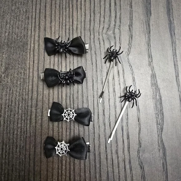 Black Bow Hair Clips with Spider and Web Accents Lot Of 6