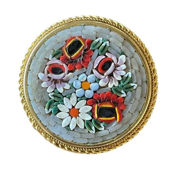 Beautiful Italian Micro Mosaic Brooch Pin Red White Flowers Gold Tone Bezel Set