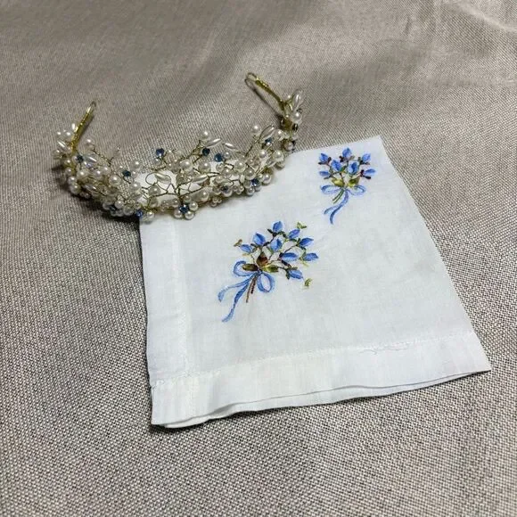 Vintage Hand Embroidered Floral Handkerchief Blue Forget Me Not Hanky
