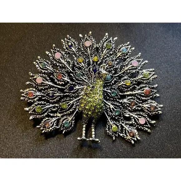 Large Rhinestone Peacock Brooch