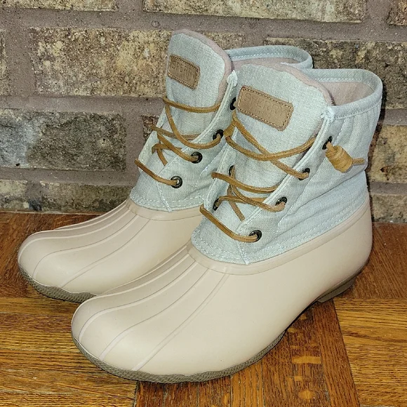 Sperry Women's Saltwater Waterproof Rubber Duck Boots Size 9.5 Beige and Gray