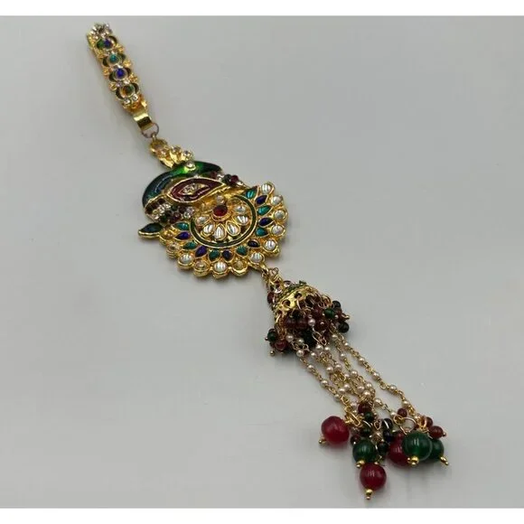 Kundan Sari Clip Gold Tone Meenakari Peacock Multicolor Beads Tassel