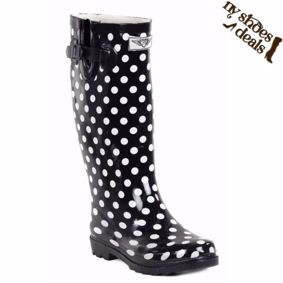 Women's Rubber Rain Boots, Black Polka Dots Garden Rainboots, Size 5. NEW