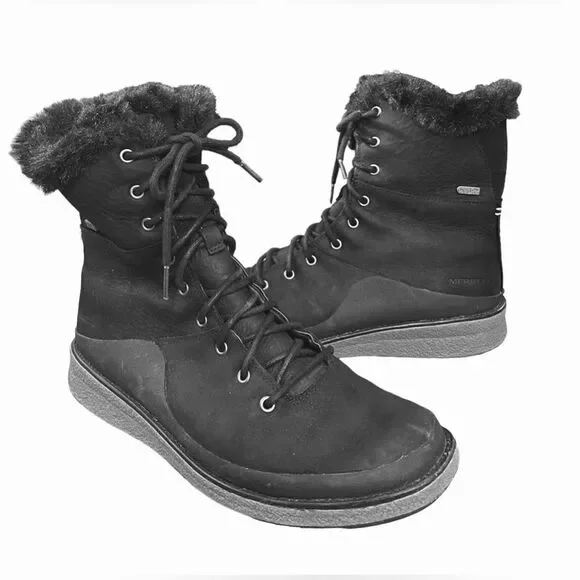 Merrell Tremblant Ezra Waterproof Winter Snow Boots Black Suede Leather SZ 9