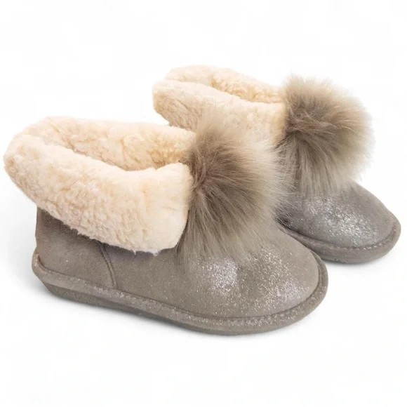 Bearpaw Women’s Size 8 Glitter Suede Boots with Fur Trim & Pom Poms