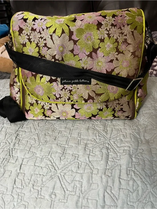 Petunia Pickle Bottom Floral Jacquard Baby Bag in Brown, Pink & Lime