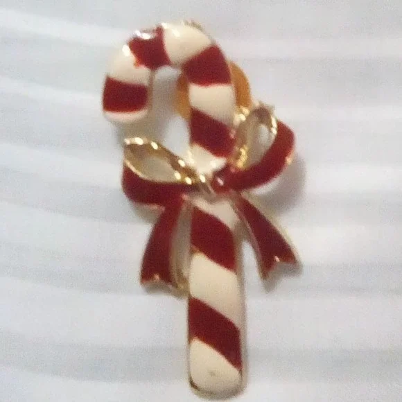 Vintage Christmas Candy Cane Bow Red Enamel Gold Tone Holiday Pin(Also 5 more)
