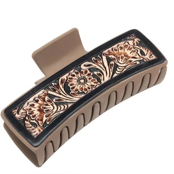 Myra Hair Large Comb Clip In Hand Tooled Leather accented in Black- New