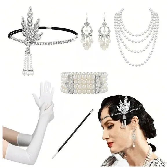 🤍✨ 6PCS 1920s White Accessories Flapper Great Gatsby Retro Costume Set NEW