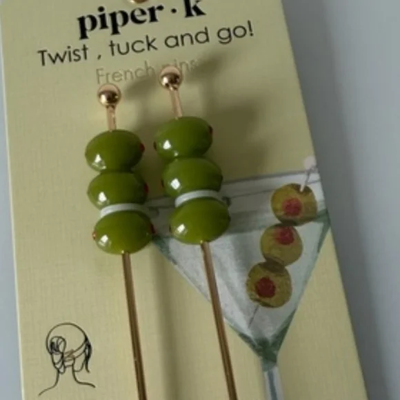 Piper K Olive Hair Pick Green W Red Detail Hair Sticks BRAND NEW