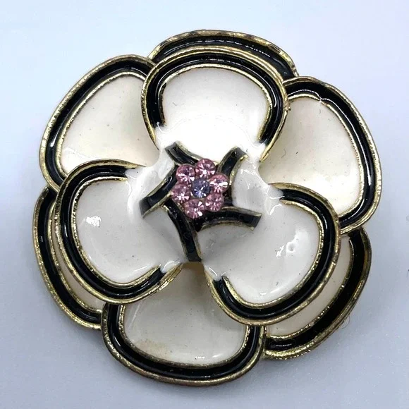 Black‎ White Enamel Camillia floral Brooch 1.5