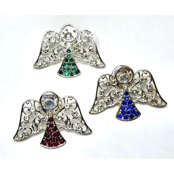 Rhinestone Angel Tac Pins 3 Silver Tone with Red, Blue & Green Crystals