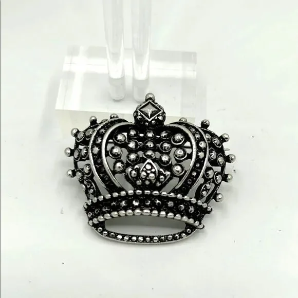 Vintage Signed KJL Silver Crown Brooch Pin
