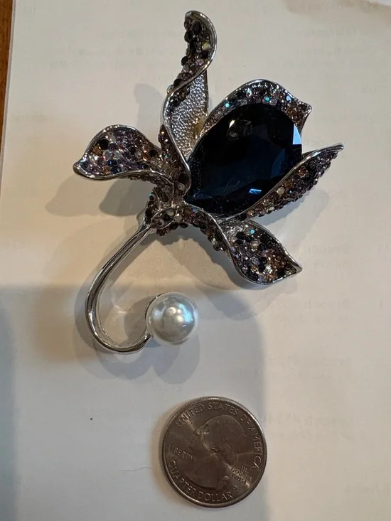 Crystal Flower Brooch with Dark Blue Stone and Pearl Accent