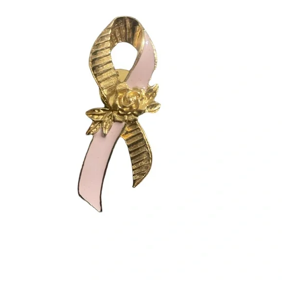 Vintage Avon Gold Tone Pink Ribbon Breast Cancer Awareness‎ Brooch