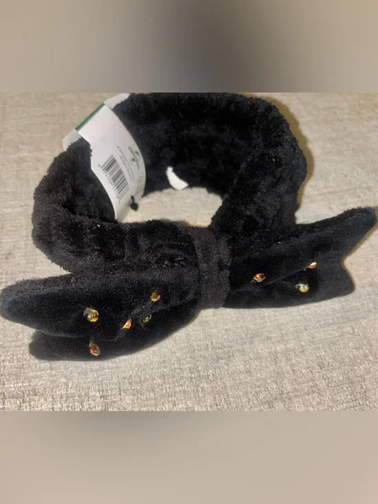 Conair Wicked NWT Headband Black Plush Bow Rhinestone GRWM Hair Wrap Glam Cozy