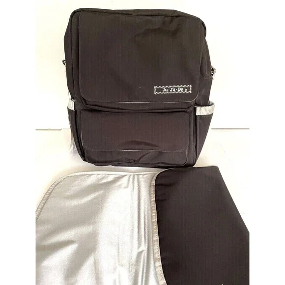 JuJuBe Black & Silver Diaper Bag Backpack with Changing Pad 11