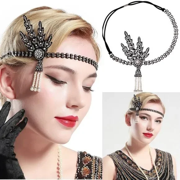 ✨ NWT Art Deco 1920’s Gatsby Flapper Crystal Rhinestone & Pearl Black Headband