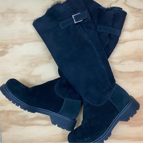 La CANADIENNE Black Suede Shearling-Lined Tall Slip-On Boots