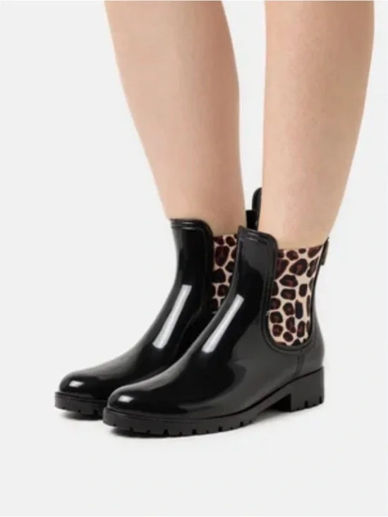 Black Leopard-Trim Chelsea statement bold Rain Boots - Women