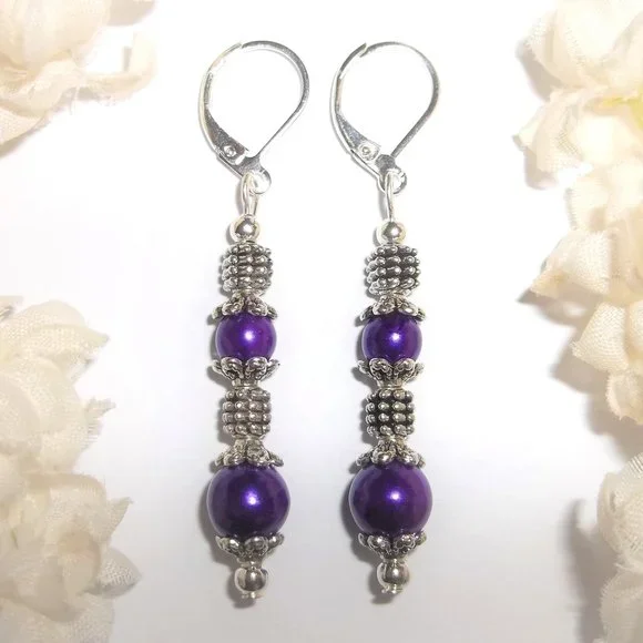 Long Purple and Silver Earrings Pearl Beaded Dangle Drop Jewelry Set Pair 7351