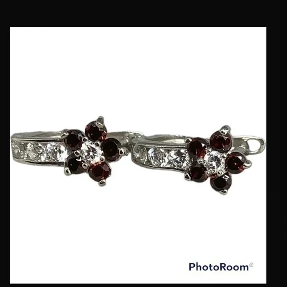 Sterling silver red CZ floral CZ earrings