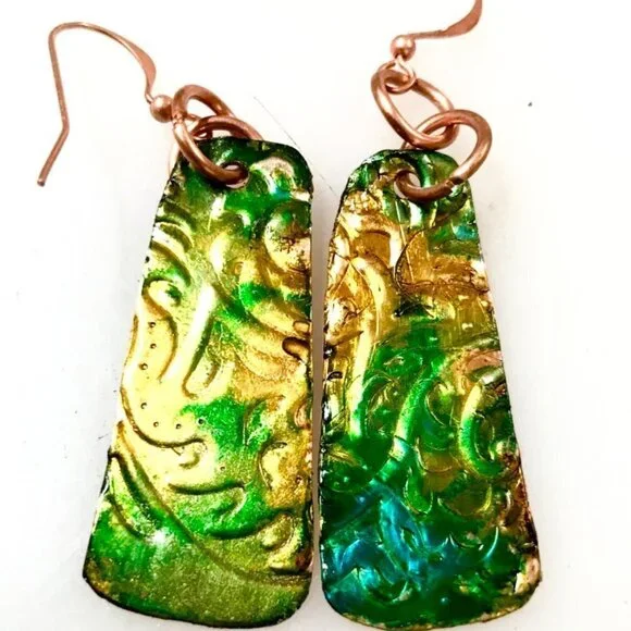 Rustic Little Green Blue Textured Solid Copper Earrings Brutalist Abstract Boho