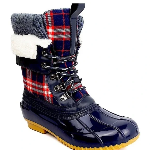 Ocean Coast Red Blue Plaid Scram Winter Rain Boot, sz 8