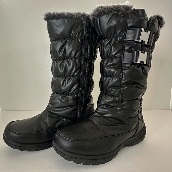 Totes black‎ winter snow boots w/ faux fur trim side zipper & buckle women’s 6