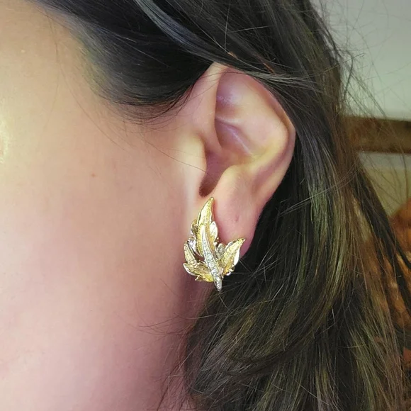 Vintage Gold Rhinestone Leaf Clip-On Earrings