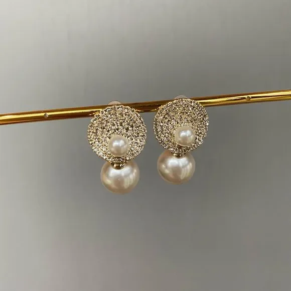 14K Gold Plated Two Way Wear Pearl Studs Pave CZ Earrings