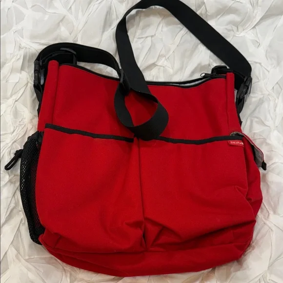 Skip Hop Red Canvas Shoulder Baby/Diaper Tote with Multi Front/Inner Pockets