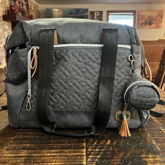 Large Gray Baby Diaper Bag Tote with Tassel Accent