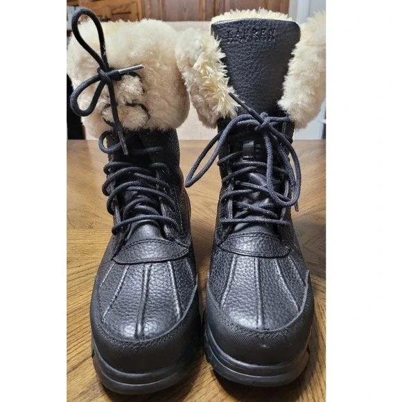 Lauren Ralph Lauren Quinta Black Leather Faux Fur Lined Duck Boots 6.5B 0862 G10