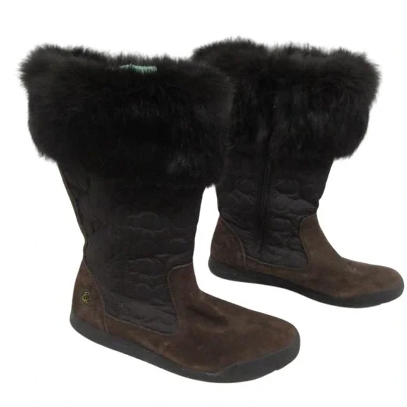 Coach Talen Quilted Suede Fur Trim Side Zip Boots Women's Size 9.5M Brown Black‎