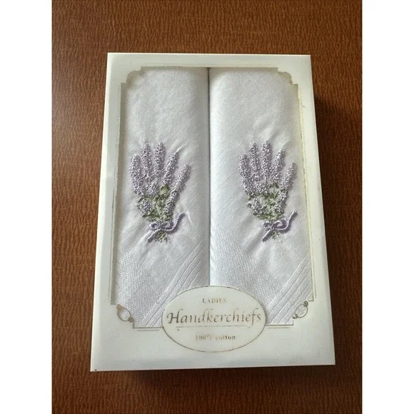 Vtg Set Of 2 Ladies Lavender Embroidered Handkerchiefs In Original Giftbox