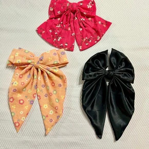Floral and Solid handmade Hair Bow Bundle - Pink, Orange, Black