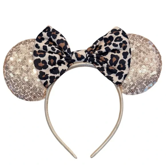 Disney Parks Minnie Mouse Ears Headband Champagne Gold Sequin Leopard Print Bow