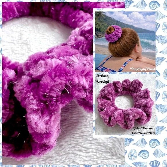 Handmade Crochet VELVET Luxe Pinkish Purple Hair Scrunchie PinkRainCloud